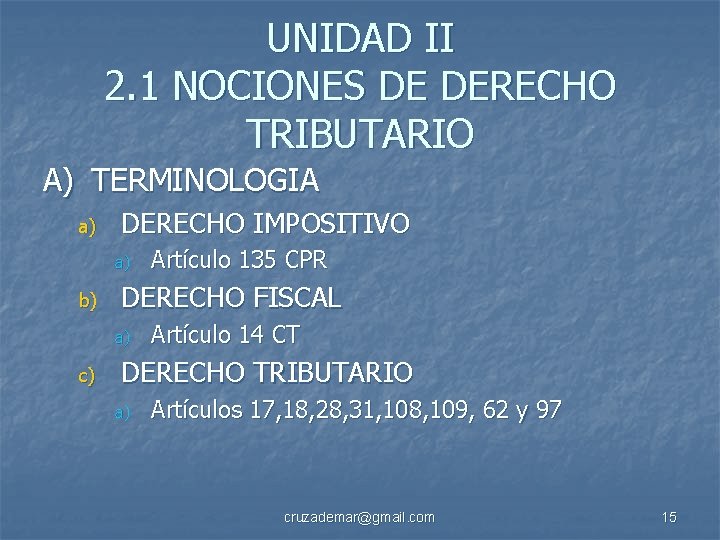 UNIDAD II 2. 1 NOCIONES DE DERECHO TRIBUTARIO A) TERMINOLOGIA a) DERECHO IMPOSITIVO a)