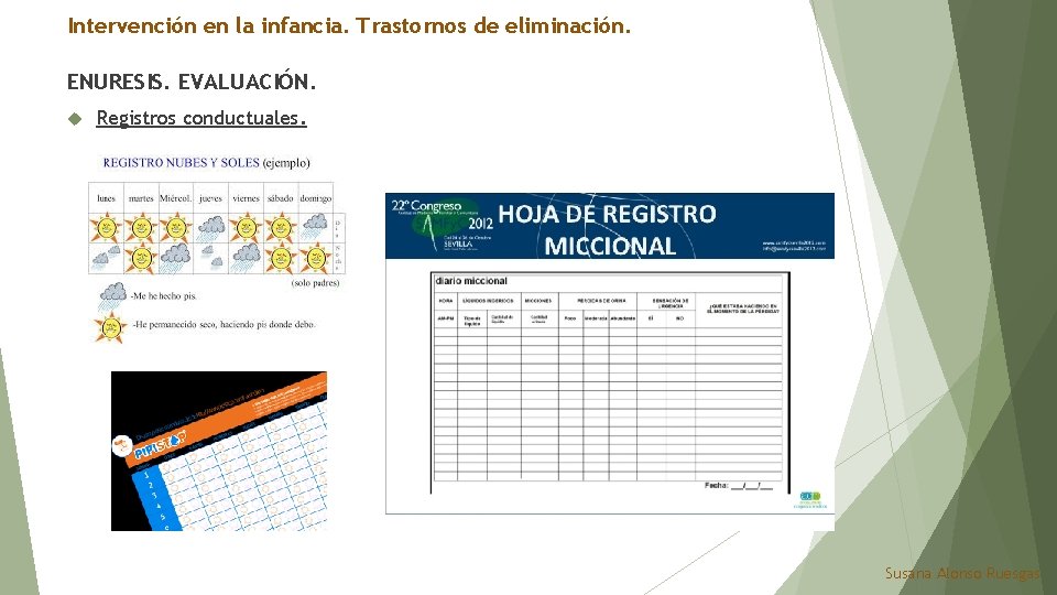 Intervención en la infancia. Trastornos de eliminación. ENURESIS. EVALUACIÓN. Registros conductuales. Susana Alonso Ruesgas