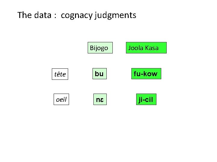 The data : cognacy judgments Bijogo Joola Kasa tête bu fu-kow oeil nɛ ji-cil
