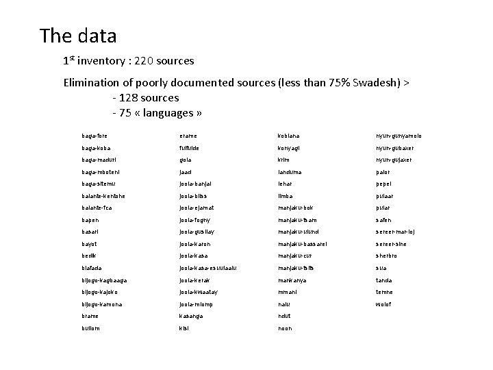 The data 1 st inventory : 220 sources Elimination of poorly documented sources (less