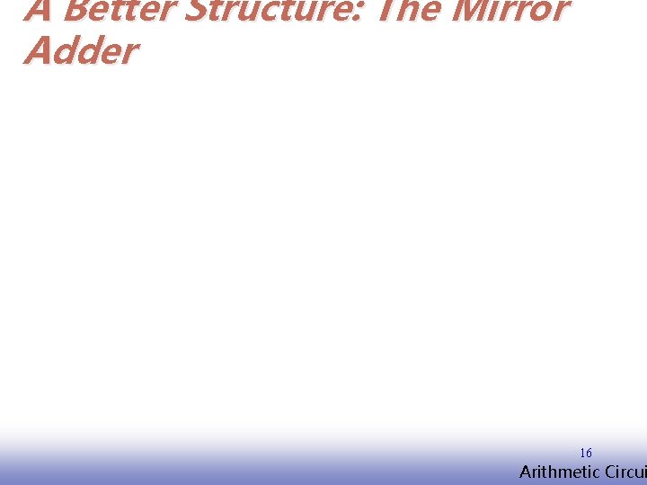 A Better Structure: The Mirror Adder 16 EE 141 Arithmetic Circui 