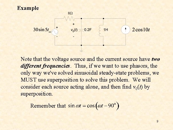 Example Note that the voltage source and the current source have two different frequencies. Example Note that the voltage source and the current source have two different frequencies.