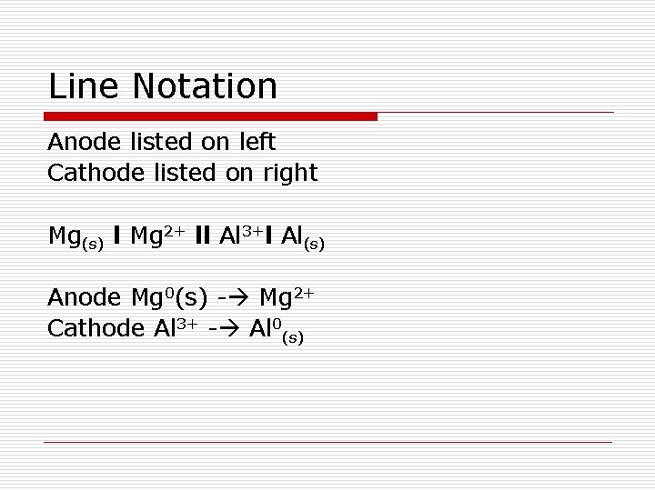 Line Notation Anode listed on left Cathode listed on right Mg(s) l Mg 2+ Line Notation Anode listed on left Cathode listed on right Mg(s) l Mg 2+