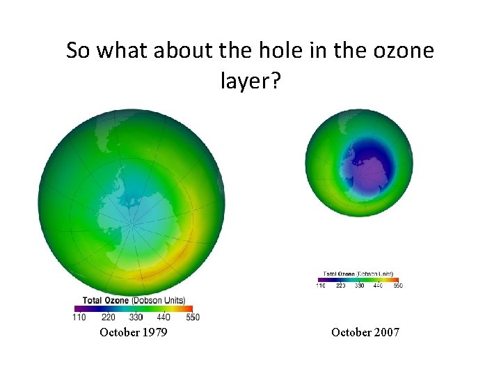 So what about the hole in the ozone layer? October 1979 October 2007 So what about the hole in the ozone layer? October 1979 October 2007