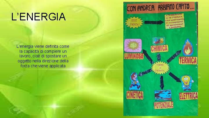 L’ENERGIA L’energia viene definita come la capacità di compiere un lavoro, cioè di spostare