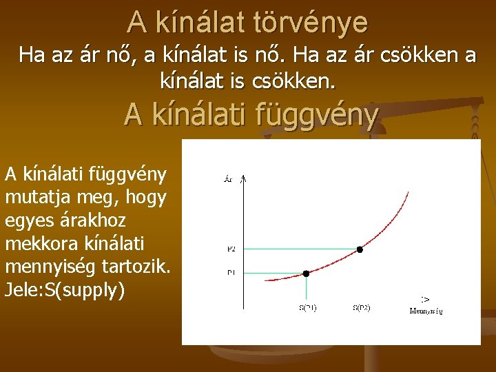 A kínálat törvénye Ha az ár nő, a kínálat is nő. Ha az ár