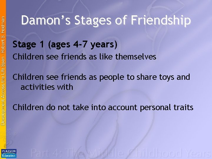 Damon’s Stages of Friendship Stage 1 (ages 4 -7 years) Children see friends as