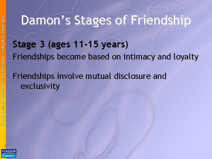 Damon’s Stages of Friendship Stage 3 (ages 11 -15 years) Friendships become based on