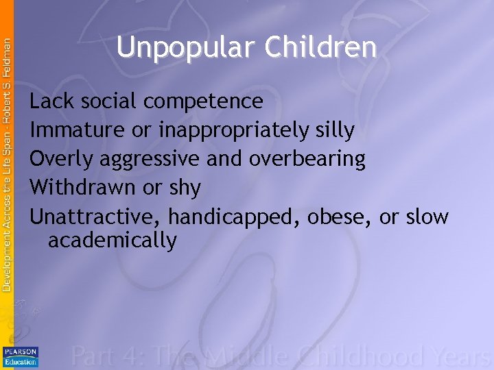 Unpopular Children Lack social competence Immature or inappropriately silly Overly aggressive and overbearing Withdrawn