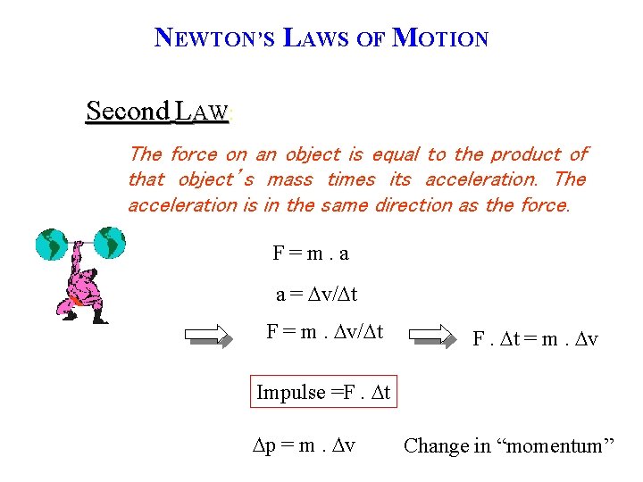 NEWTON’S LAWS OF MOTION Second LAW: AW The force on an object is equal