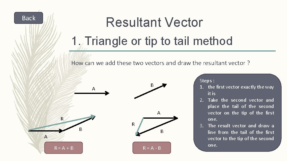 Back Resultant Vector 1. Triangle or tip to tail method How can we add