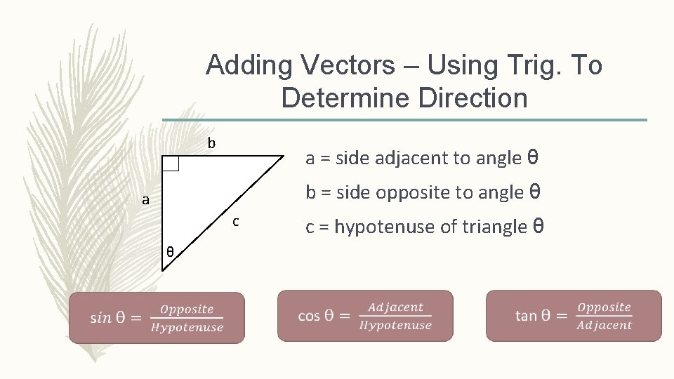 Adding Vectors – Using Trig. To Determine Direction b a = side adjacent to