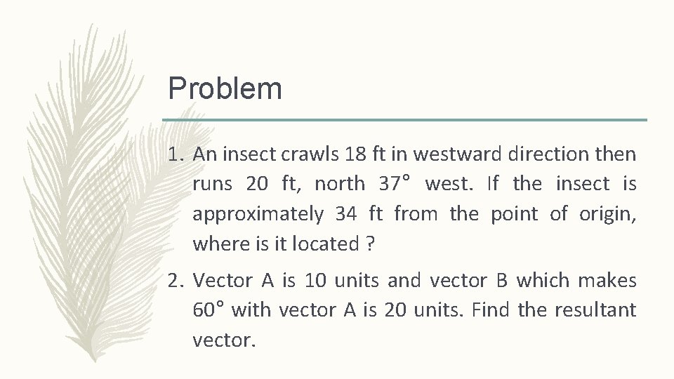 Problem 1. An insect crawls 18 ft in westward direction then runs 20 ft,