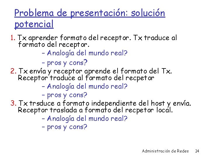 Problema de presentación: solución potencial 1. Tx aprender formato del receptor. Tx traduce al