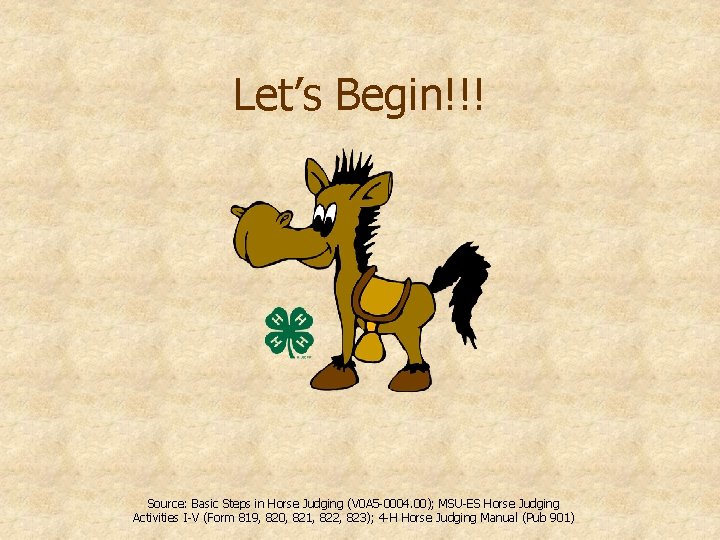 Let’s Begin!!! Source: Basic Steps in Horse Judging (V 0 A 5 -0004. 00);