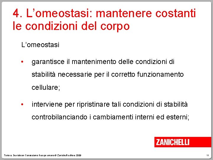 4. L’omeostasi: mantenere costanti le condizioni del corpo L’omeostasi • garantisce il mantenimento delle