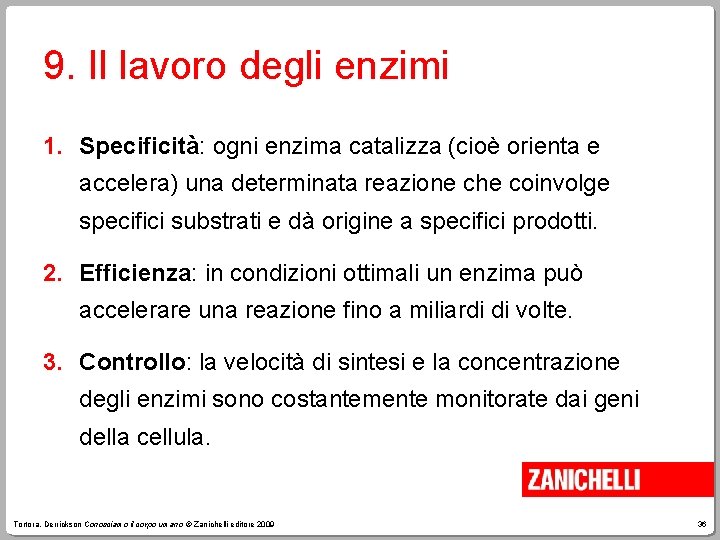 9. Il lavoro degli enzimi 1. Specificità: ogni enzima catalizza (cioè orienta e accelera)