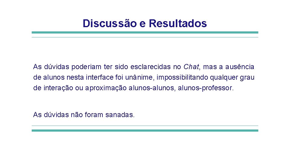 Discussão e Resultados As dúvidas poderiam ter sido esclarecidas no Chat, mas a ausência