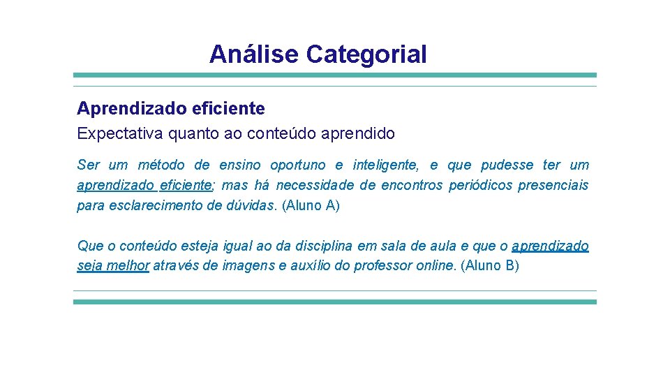 Análise Categorial Aprendizado eficiente Expectativa quanto ao conteúdo aprendido Ser um método de ensino