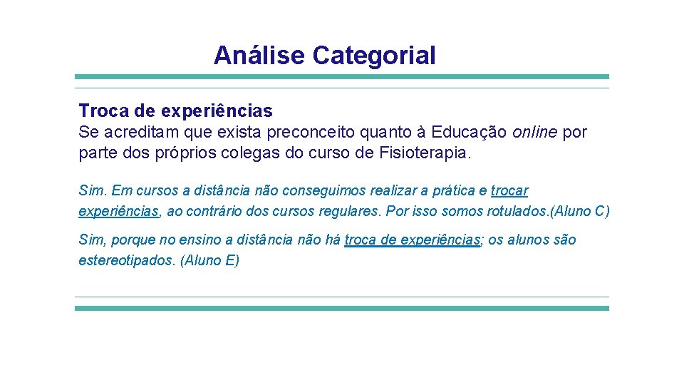 Análise Categorial Troca de experiências Se acreditam que exista preconceito quanto à Educação online