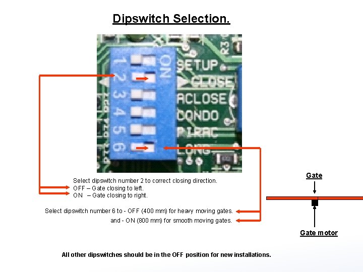 Dipswitch Selection. Select dipswitch number 2 to correct closing direction. OFF – Gate closing