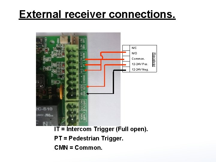 External receiver connections. N/C Common. 12 -24 V Pos. 12 -24 V Neg. IT