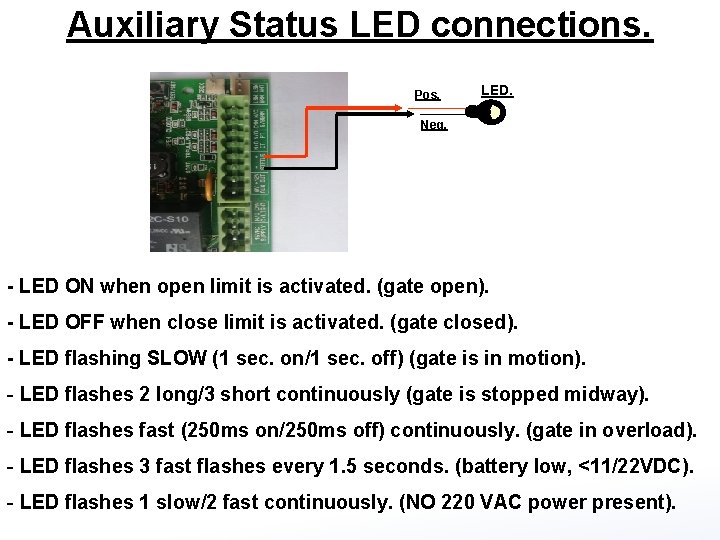 Auxiliary Status LED connections. Pos. LED. Neg. - LED ON when open limit is
