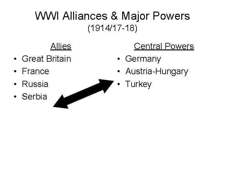 WWI Alliances & Major Powers (1914/17 -18) • • Allies Great Britain France Russia