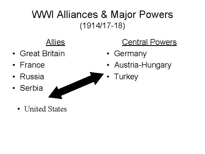 WWI Alliances & Major Powers (1914/17 -18) • • Allies Great Britain France Russia