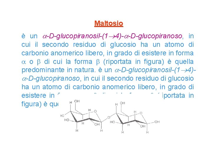 Maltosio è un -D-glucopiranosil-(1 4)- -D-glucopiranoso, in cui il secondo residuo di glucosio ha
