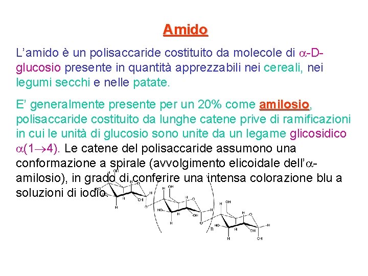 Amido L’amido è un polisaccaride costituito da molecole di -Dglucosio presente in quantità apprezzabili