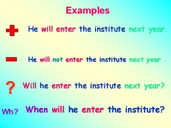 Examples He will enter the institute next year. He will not enter the institute