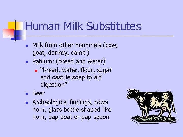 Human Milk Substitutes n n Milk from other mammals (cow, goat, donkey, camel) Pablum: Human Milk Substitutes n n Milk from other mammals (cow, goat, donkey, camel) Pablum: