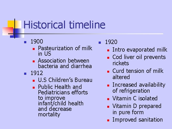 Historical timeline n n 1900 n Pasteurization of milk in US n Association between Historical timeline n n 1900 n Pasteurization of milk in US n Association between