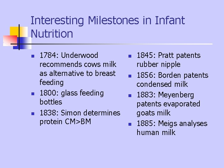 Interesting Milestones in Infant Nutrition n 1784: Underwood recommends cows milk as alternative to Interesting Milestones in Infant Nutrition n 1784: Underwood recommends cows milk as alternative to
