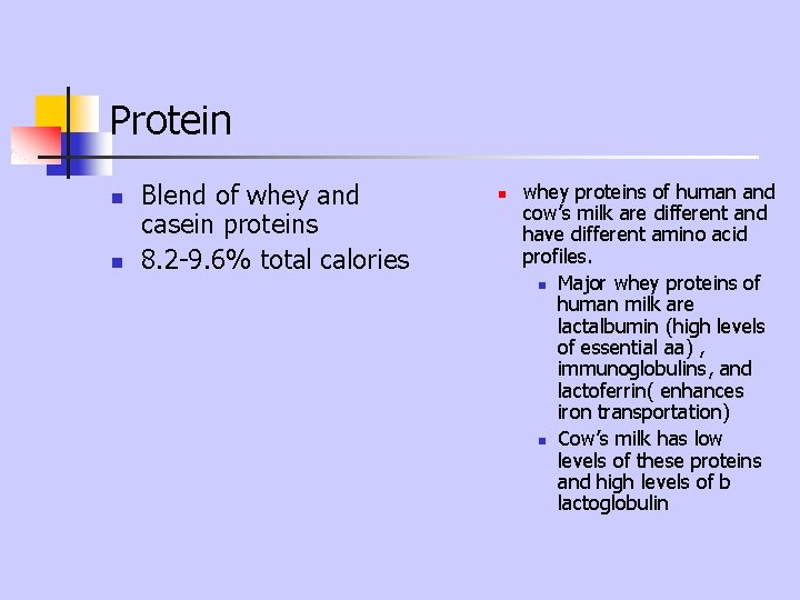 Protein n n Blend of whey and casein proteins 8. 2 -9. 6% total Protein n n Blend of whey and casein proteins 8. 2 -9. 6% total