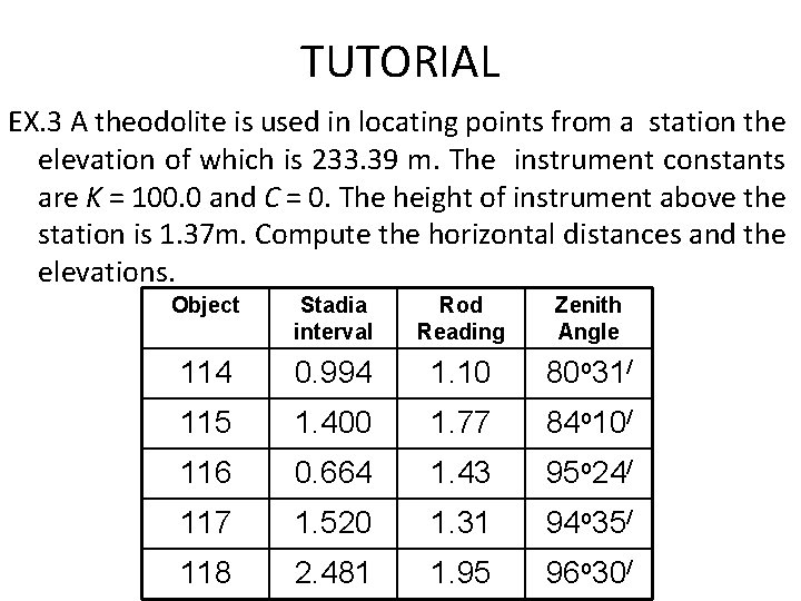 TUTORIAL EX. 3 A theodolite is used in locating points from a station the