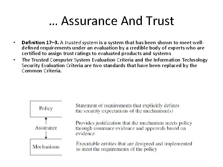 … Assurance And Trust • • Definition 17– 3. A trusted system is a