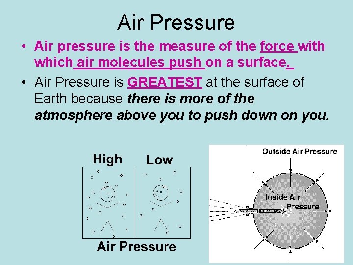 Air Pressure • Air pressure is the measure of the force with which air