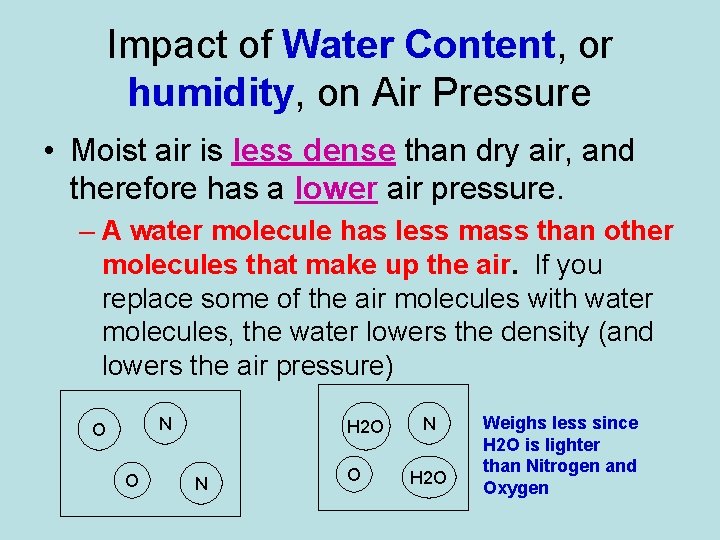 Impact of Water Content, or humidity, on Air Pressure • Moist air is less