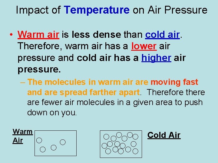 Impact of Temperature on Air Pressure • Warm air is less dense than cold