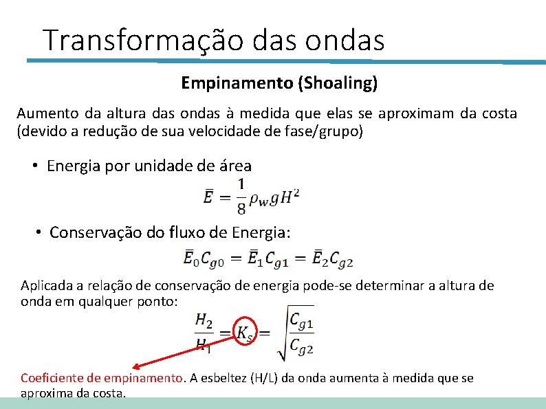 Transformação das ondas Empinamento (Shoaling) Aumento da altura das ondas à medida que elas