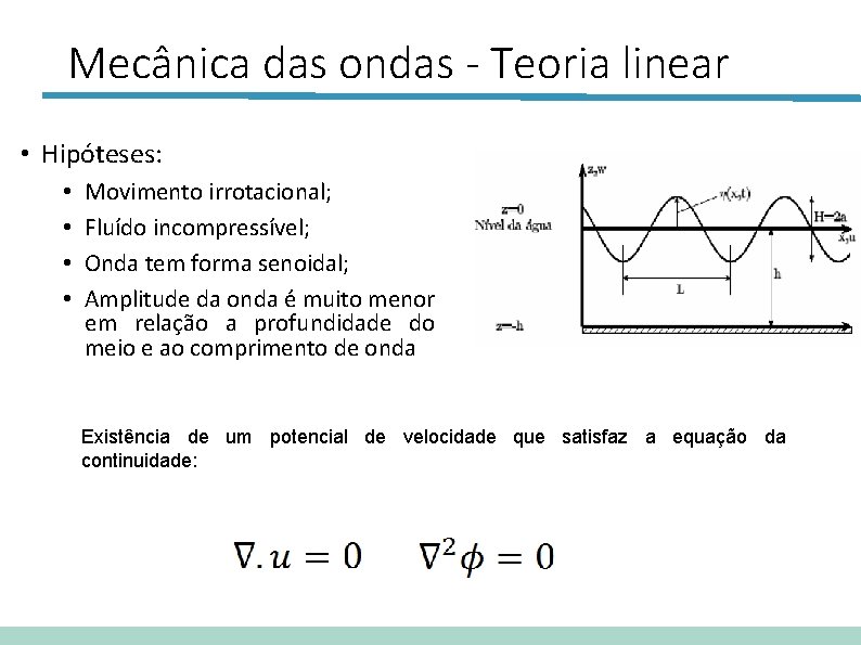 Mecânica das ondas - Teoria linear • Hipóteses: • • Movimento irrotacional; Fluído incompressível;