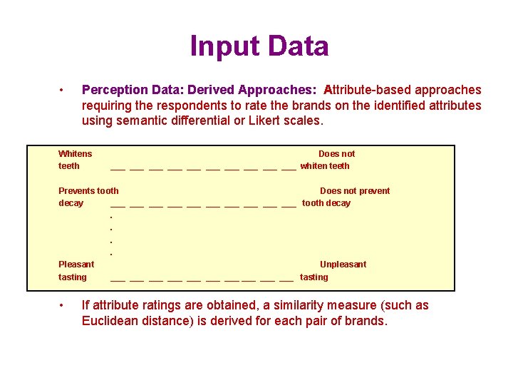  Input Data • Perception Data: Derived Approaches: Attribute-based approaches requiring the respondents to