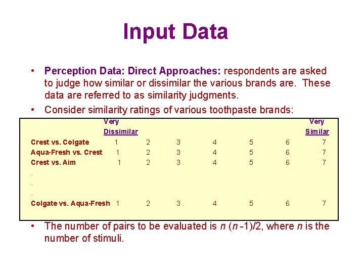 Input Data • Perception Data: Direct Approaches: respondents are asked to judge how similar