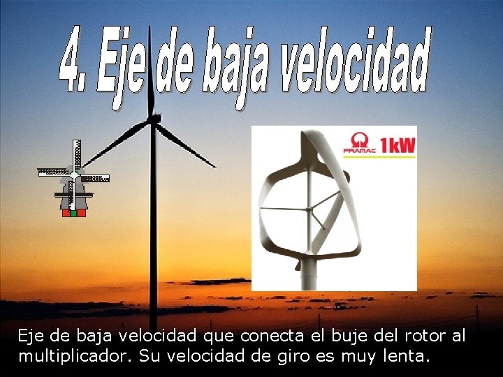 Eje de baja velocidad que conecta el buje del rotor al multiplicador. Su velocidad