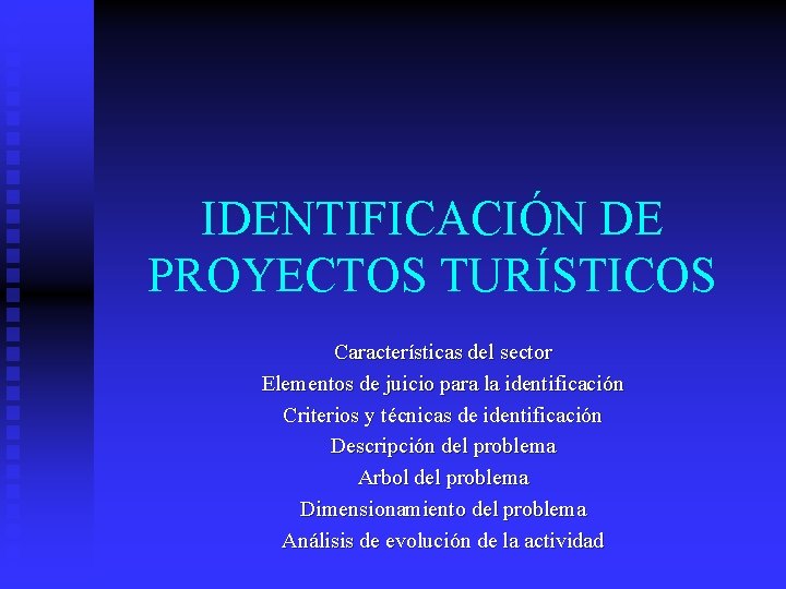IDENTIFICACIÓN DE PROYECTOS TURÍSTICOS Características del sector Elementos de juicio para la identificación Criterios