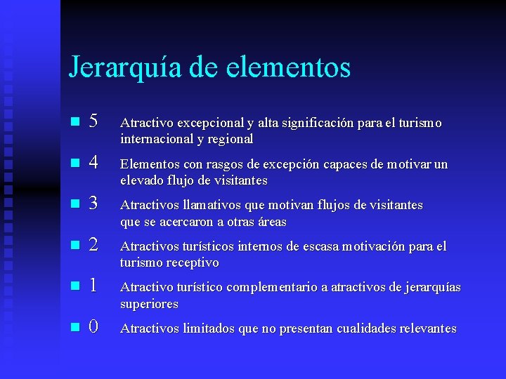 Jerarquía de elementos n 5 Atractivo excepcional y alta significación para el turismo internacional