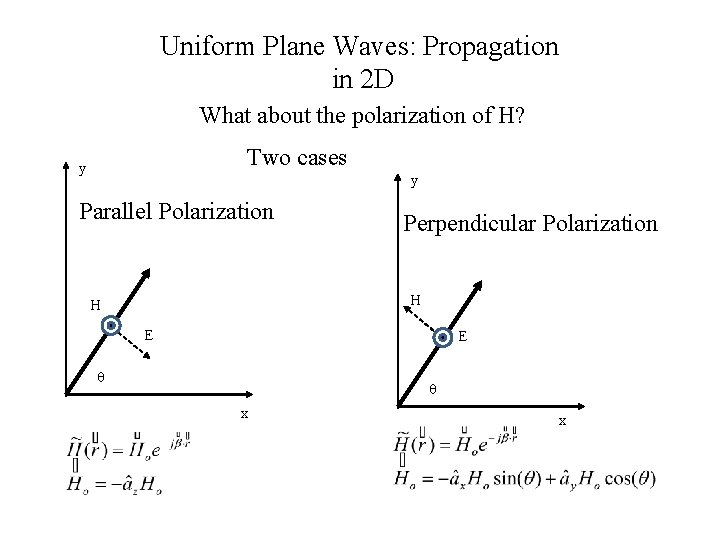 Uniform Plane Waves: Propagation in 2 D What about the polarization of H? Two Uniform Plane Waves: Propagation in 2 D What about the polarization of H? Two