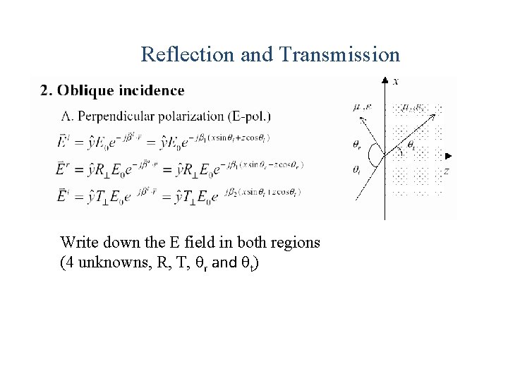 Reflection and Transmission Write down the E field in both regions (4 unknowns, R, Reflection and Transmission Write down the E field in both regions (4 unknowns, R,